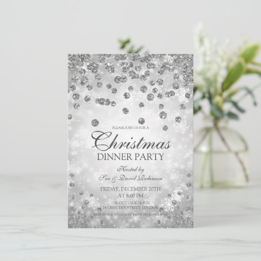 Silver Diamonds & Glitzer Weihnachtsfest Party Einladung (Stehend Vorderseite)