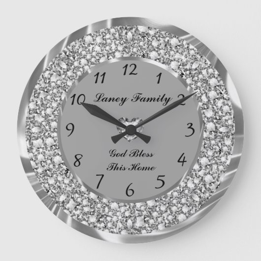 Silver Diamonds Heart 2 Large Clock Große Wanduhr (Vorderseite)