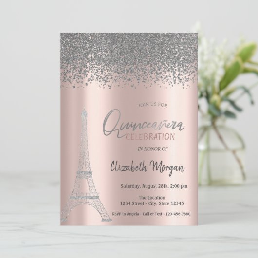 Silver Diamonds Rose Gold, Eiffelturm Quinceanera Einladung (Stehend Vorderseite)