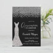 Silver Diamonds, Sequins Dress Black Quinceañera Einladung (Stehend Vorderseite)