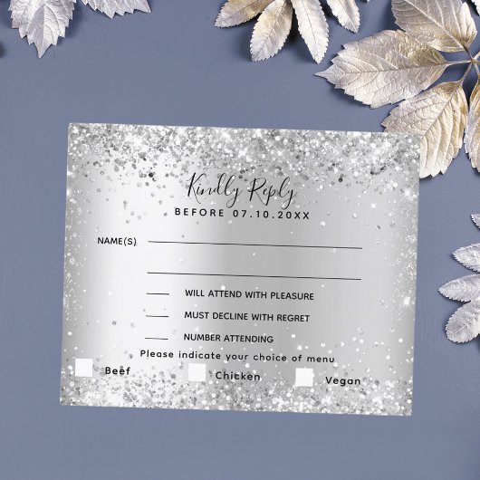 Silver Dinner Menü Auswahl Hochzeit RSVP Karte