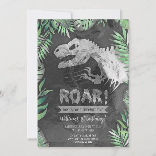 Silver Dinosaur Roar Geburtstag Einladung (Vorderseite)