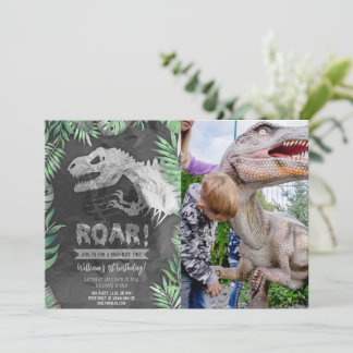 Silver Dinosaur Roar Geburtstags-Foto Einladung