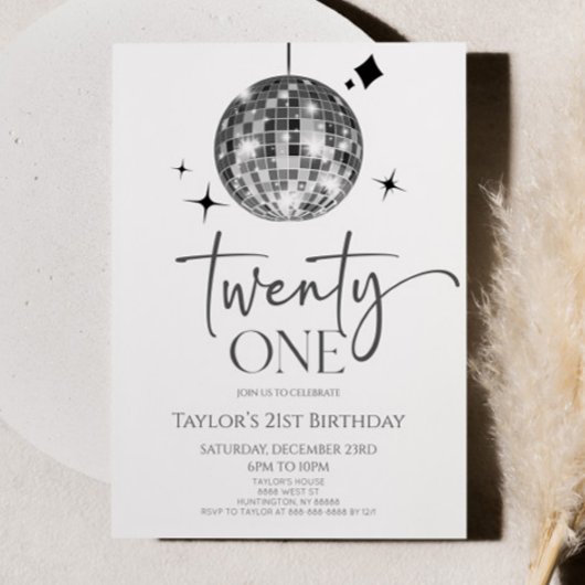 Silver Disco Ball 21. Geburtstag Party Einladung