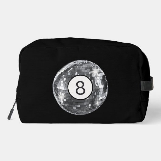 Silver Disco Ball, 8 Ball Motif, Retro 1970er Waschbeutel (Rückseite)