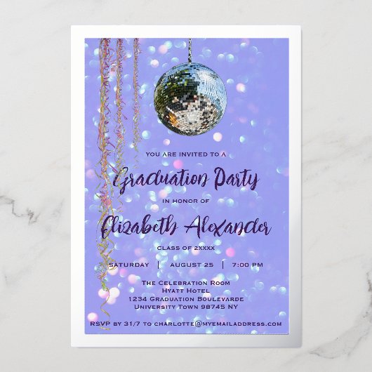 Silver Disco Ball and Streamers Graduation Party Folieneinladung (Vorderseite)