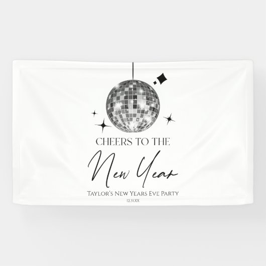 Silver Disco Ball Cheers Silvester Party Banner (Horizontal)