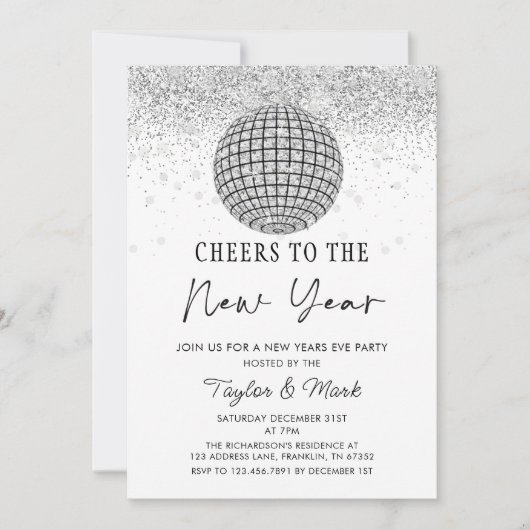 Silver Disco Ball Cheers Silvester Party Einladung (Vorderseite)