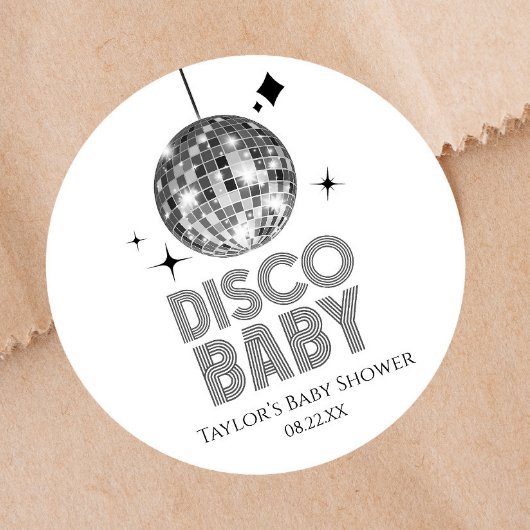 Silver Disco Ball "Disco Baby" Babydusche Runder Aufkleber