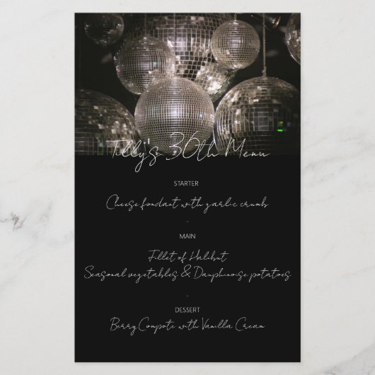 Silver Disco Ball Geburtstagsmenü Party (Vorderseite)