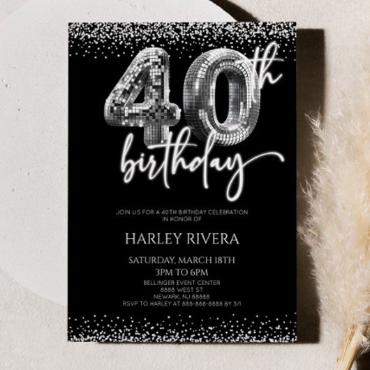 Silver Disco Ball Glitzer 40. Geburtstag Party Einladung