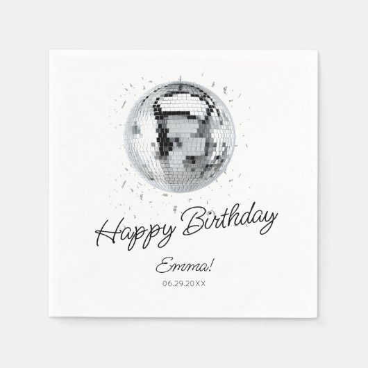 Silver Disco Ball Happy Birthday Serviette (Vorderseite)