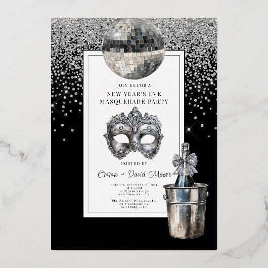 Silver Disco Ball Silvester Masquerade Party Folieneinladung (Vorderseite)