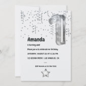 Silver Disco Ballon 1. Geburtstag Party Einladung (Vorderseite)