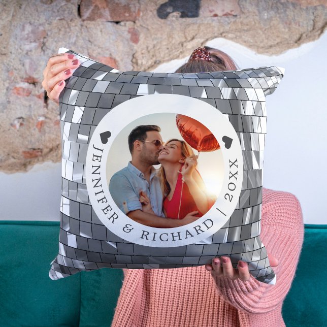 Silver Disco Valentinstag mit Foto & Text Kissen (Silver Disco Valentine's Day with Photo & Text Throw Pillow)