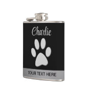 Silver Dog Paw auf schwarzem Hintergrund Flachmann (Links)