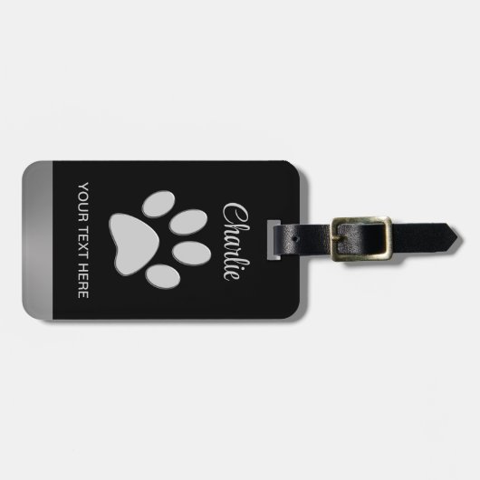 Silver Dog Paw auf schwarzem Hintergrund Gepäckanhänger (Vorderseite horizontal)