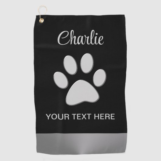 Silver Dog Paw auf schwarzem Hintergrund Golfhandtuch (Vorderseite)