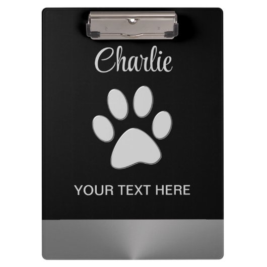 Silver Dog Paw auf schwarzem Hintergrund Klemmbrett (Vorderseite)