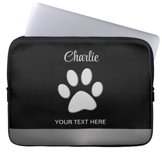 Silver Dog Paw auf schwarzem Hintergrund Laptopschutzhülle (Vorderseite)