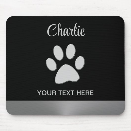 Silver Dog Paw auf schwarzem Hintergrund Mousepad (Vorne)