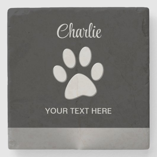 Silver Dog Paw auf schwarzem Hintergrund Steinuntersetzer (Vorderseite)