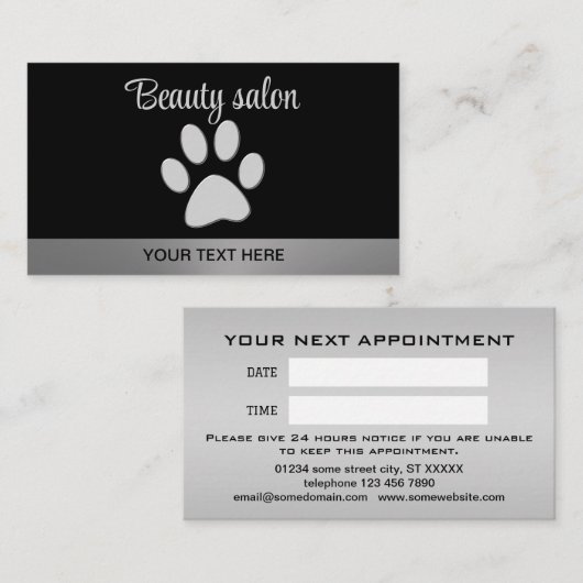 Silver Dog Paw auf schwarzem Hintergrund Terminkarte (Vorne/Hinten)