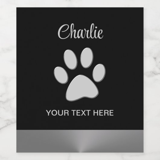 Silver Dog Paw auf schwarzem Hintergrund Weinetikett (Einzelnes Label)