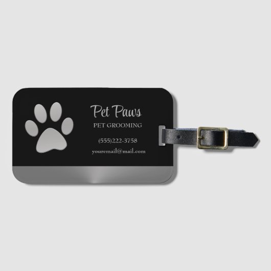 Silver Dog Paw auf schwarzem Pet Grooming Service Gepäckanhänger (Vorderseite (Horizontal))