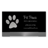 Silver Dog Paw auf schwarzem Pet Grooming Service Magnetische Visitenkarte (Vorderseite)