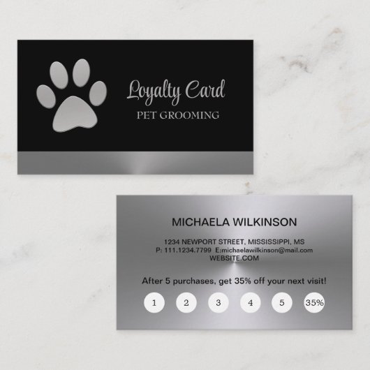 Silver Dog Paw auf schwarzem Pet Grooming Service Treuekarte (Vorne/Hinten)