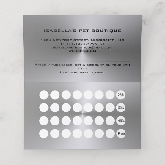 Silver Dog Paw auf schwarzem Pet Grooming Service Treuekarte (Innenseite Aufgefaltet)