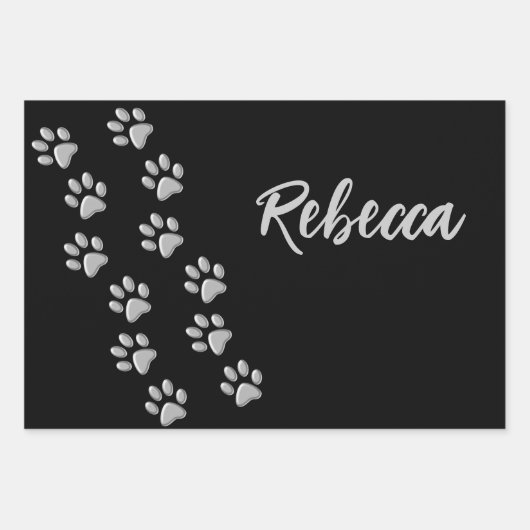 Silver Dog Paws Schwarzer Hintergrund Print Patter Geschenkpapier Set (Vorderseite 3)