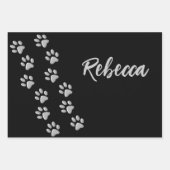 Silver Dog Paws Schwarzer Hintergrund Print Patter Geschenkpapier Set (Vorderseite 2)