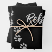Silver Dog Paws Schwarzer Hintergrund Print Patter Geschenkpapier Set (Beispiel)