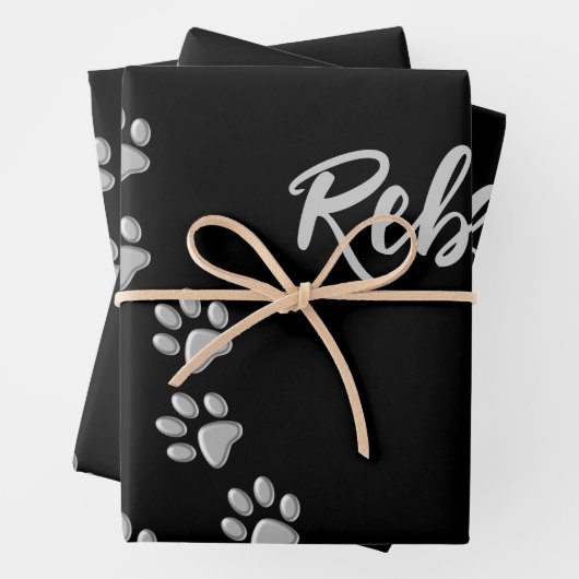 Silver Dog Paws Schwarzer Hintergrund Print Patter Geschenkpapier Set (Beispiel)