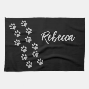 Silver Dog Paws Schwarzer Hintergrund Print Patter Geschirrtuch