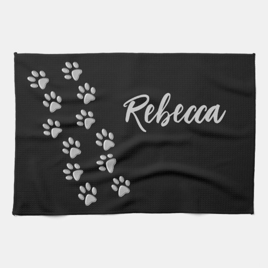 Silver Dog Paws Schwarzer Hintergrund Print Patter Geschirrtuch (Horizontal)