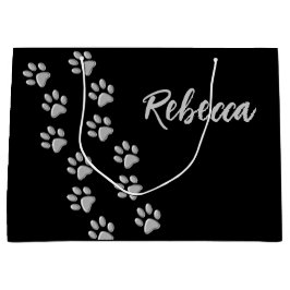 Silver Dog Paws Schwarzer Hintergrund Print Patter Große Geschenktüte