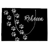 Silver Dog Paws Schwarzer Hintergrund Print Patter Große Geschenktüte (Rückseite)