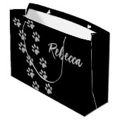 Silver Dog Paws Schwarzer Hintergrund Print Patter Große Geschenktüte (Rückseite Schrägansicht)