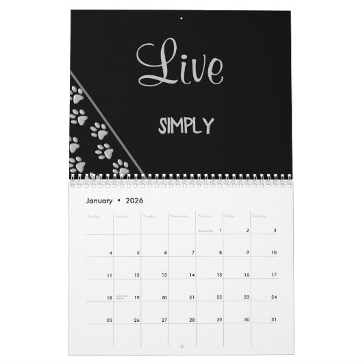 Silver Dog Paws Schwarzer Hintergrund Print Patter Kalender (Jan 2026)