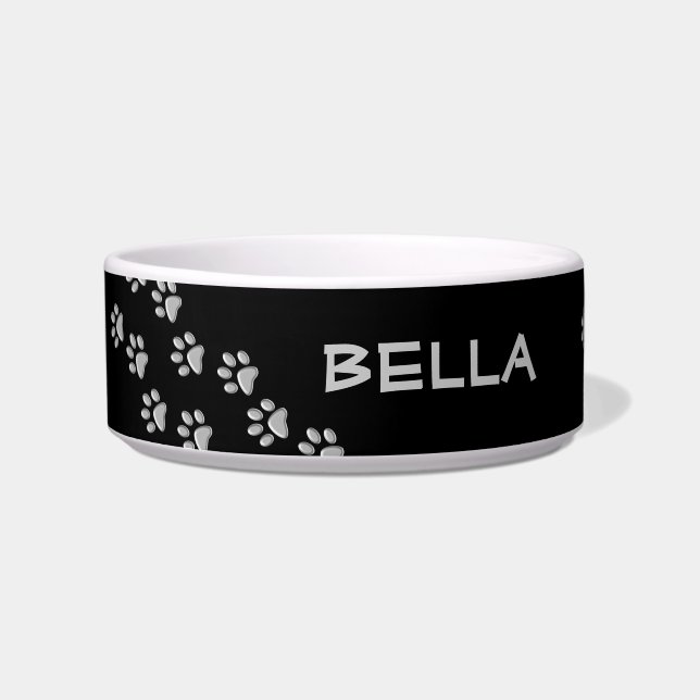 Silver Dog Paws Schwarzer Hintergrund Print Patter Napf (Vorderseite)