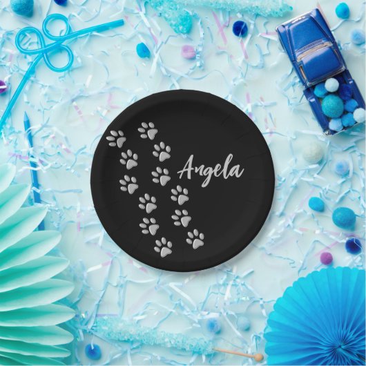 Silver Dog Paws Schwarzer Hintergrund Print Patter Pappteller (Party)