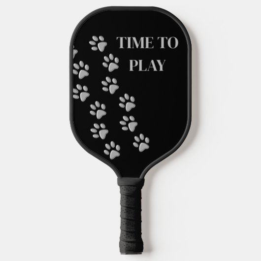Silver Dog Paws Schwarzer Hintergrund Print Patter Pickleball Schläger (Vorderseite)
