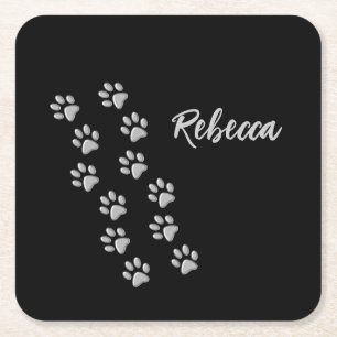 Silver Dog Paws Schwarzer Hintergrund Print Patter Rechteckiger Pappuntersetzer