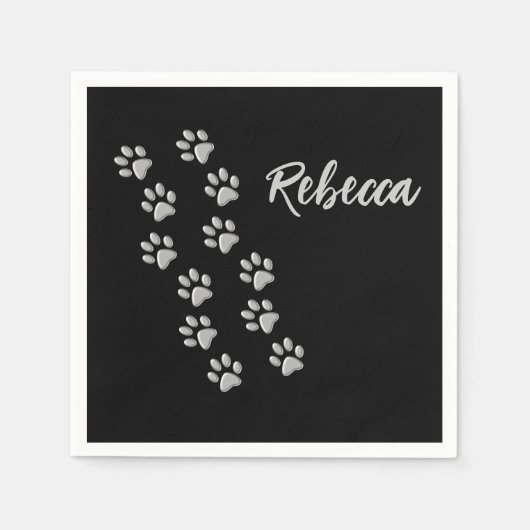 Silver Dog Paws Schwarzer Hintergrund Print Patter Serviette (Vorderseite)
