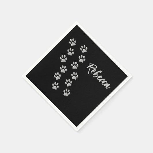 Silver Dog Paws Schwarzer Hintergrund Print Patter Serviette (Ecke)