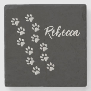 Silver Dog Paws Schwarzer Hintergrund Print Patter Steinuntersetzer