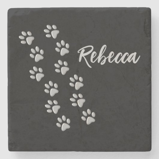 Silver Dog Paws Schwarzer Hintergrund Print Patter Steinuntersetzer (Vorderseite)